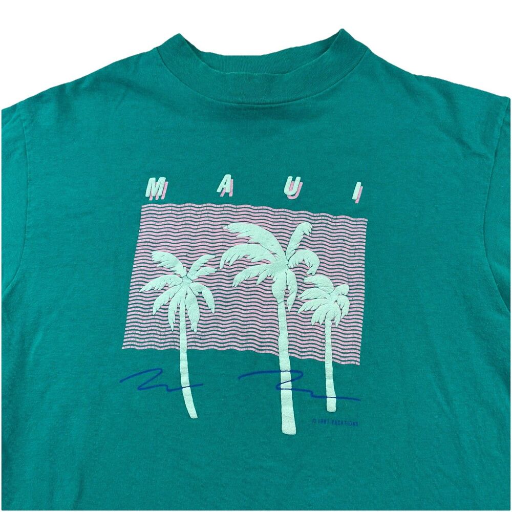 Vintage 1987 Maui Hawaii T Shirt Mens S Teal Neon Palm Trees Single Stitch